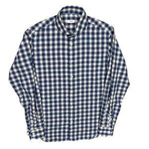 Leone Napoli Plaid Dress Shirt Made in Italy Cotton Blue/White 43 17 XL